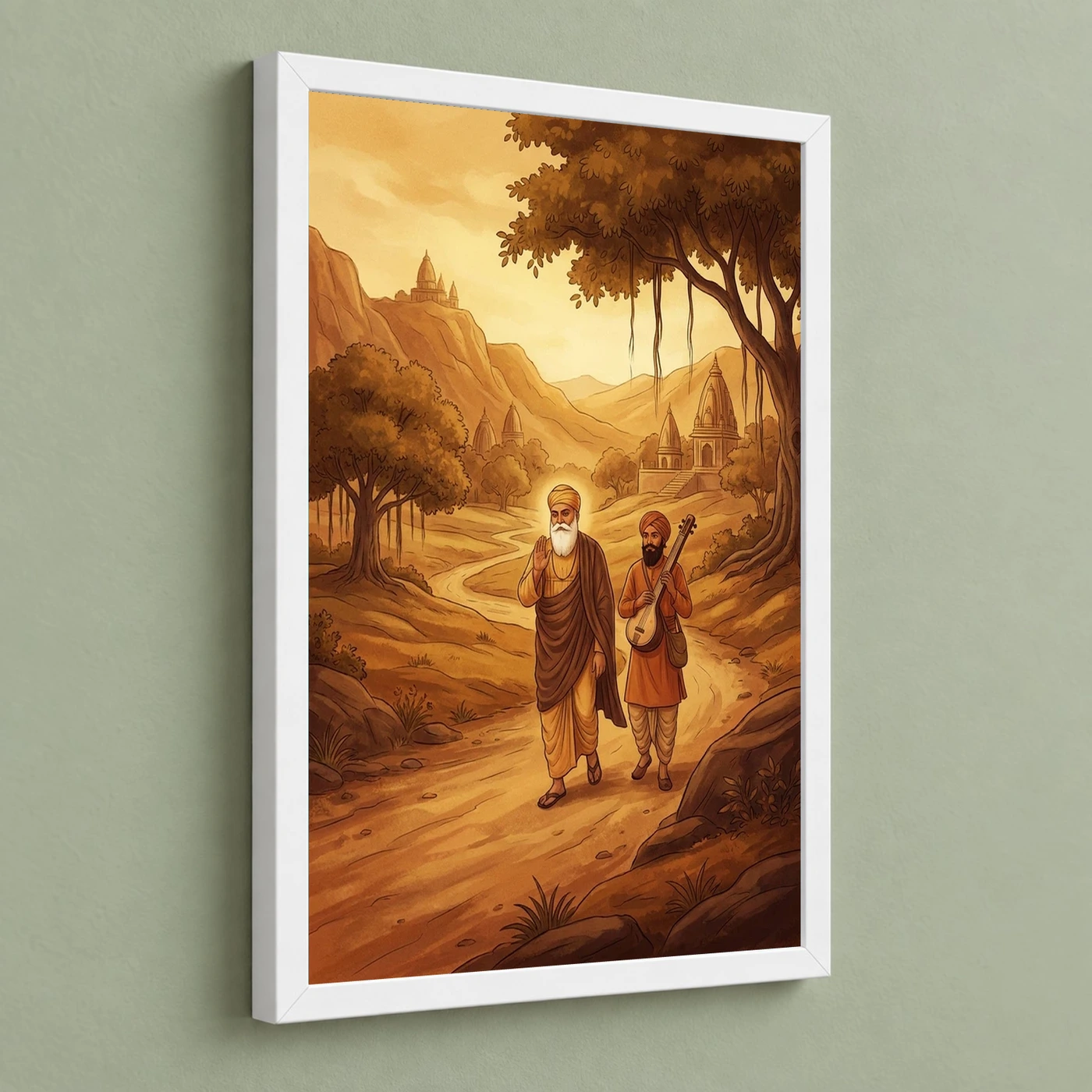 Guru Nanak Bhai Bala Spiritual Journey India Warm Art Photo Frame 5 Guru Nanak Bhai Bala Spiritual Journey India Warm Art Photo Frame — white frame angled wall
