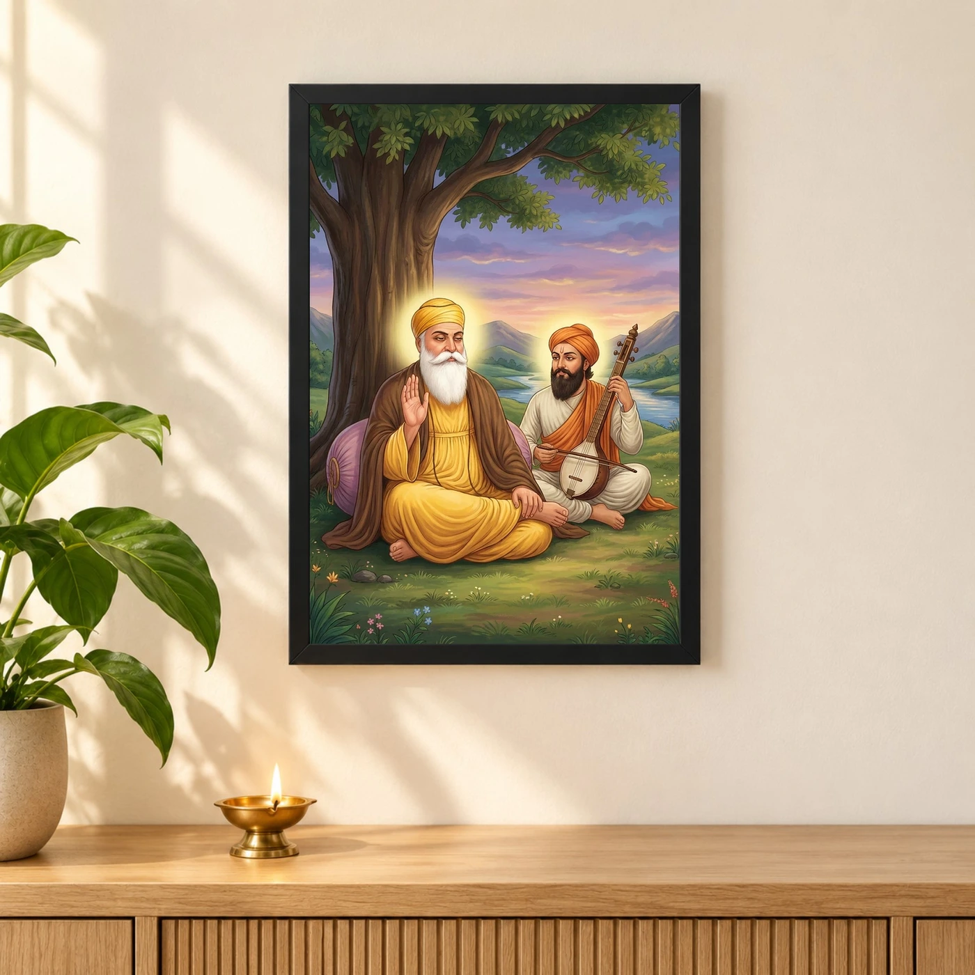 Guru Nanak Bhai Mardana Rebab Devotional Music Spiritual Art Photo Frame 3 Guru Nanak Bhai Mardana Rebab Devotional Music Spiritual Art Photo Frame — black frame pooja shelf