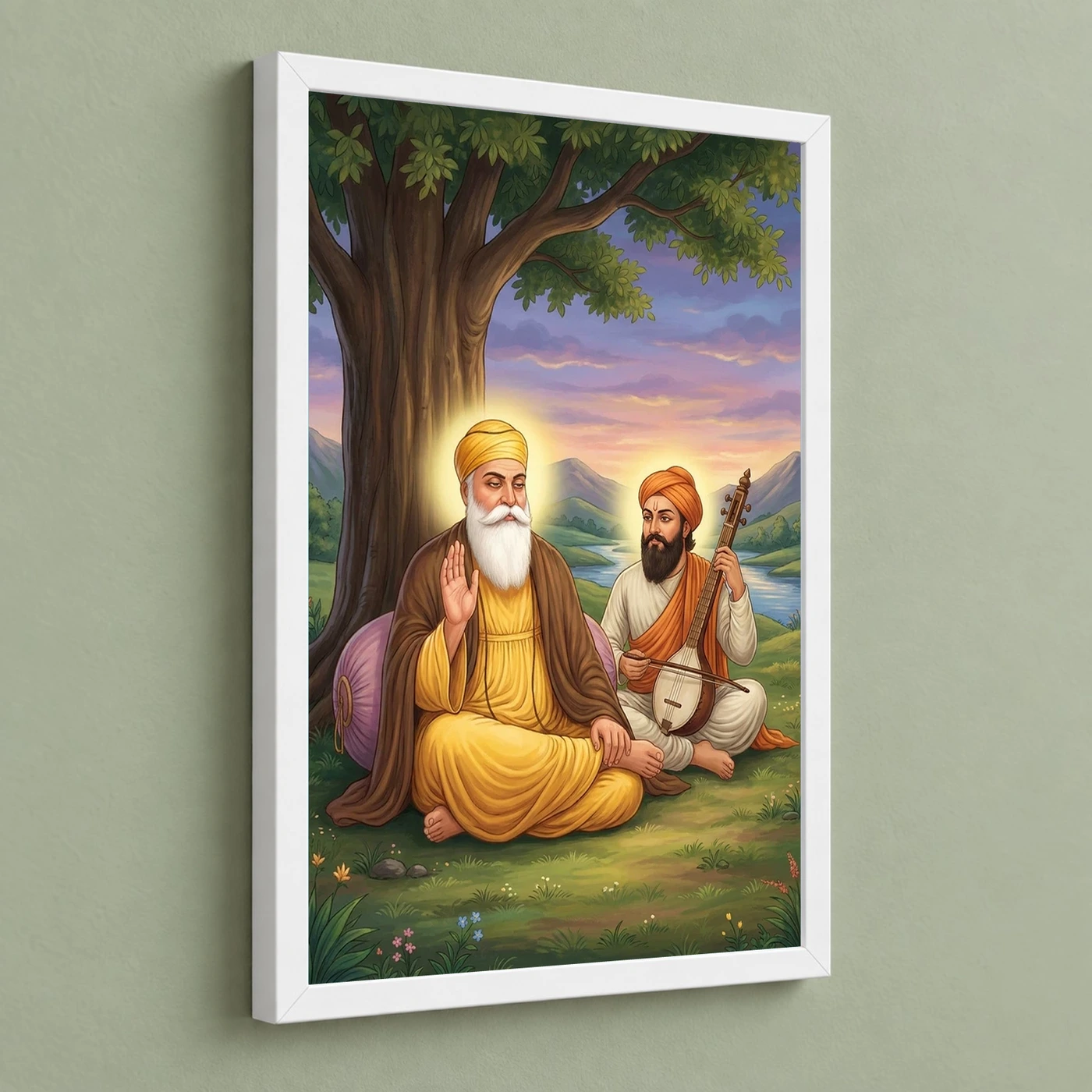 Guru Nanak Bhai Mardana Rebab Devotional Music Spiritual Art Photo Frame 5 Guru Nanak Bhai Mardana Rebab Devotional Music Spiritual Art Photo Frame — white frame angled wall