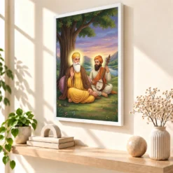 Guru Nanak Bhai Mardana Rebab Devotional Music Spiritual Art Photo Frame 15 Guru Nanak Bhai Mardana Rebab Devotional Music Spiritual Art Photo Frame — white frame warm console