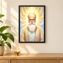 Guru Nanak Divine Light Waheguru Spiritual Aura Art Photo Frame 11 Guru Nanak Divine Light Waheguru Spiritual Aura Art Photo Frame — black frame pooja shelf