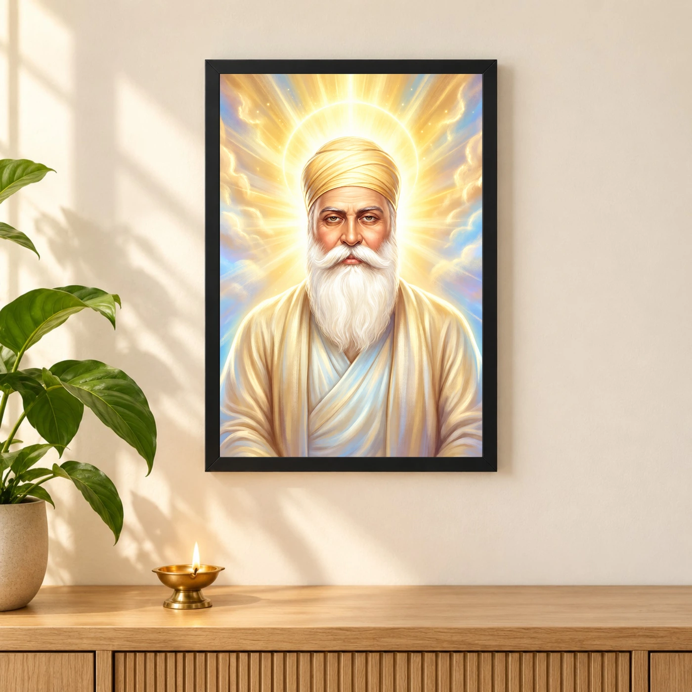 Guru Nanak Divine Light Waheguru Spiritual Aura Art Photo Frame 3 Guru Nanak Divine Light Waheguru Spiritual Aura Art Photo Frame — black frame pooja shelf
