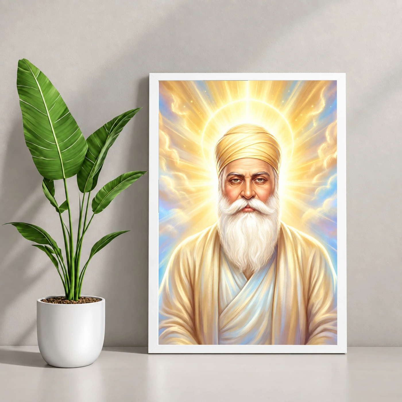 Guru Nanak Divine Light Waheguru Spiritual Aura Art Photo Frame 4 Guru Nanak Divine Light Waheguru Spiritual Aura Art Photo Frame — white frame console