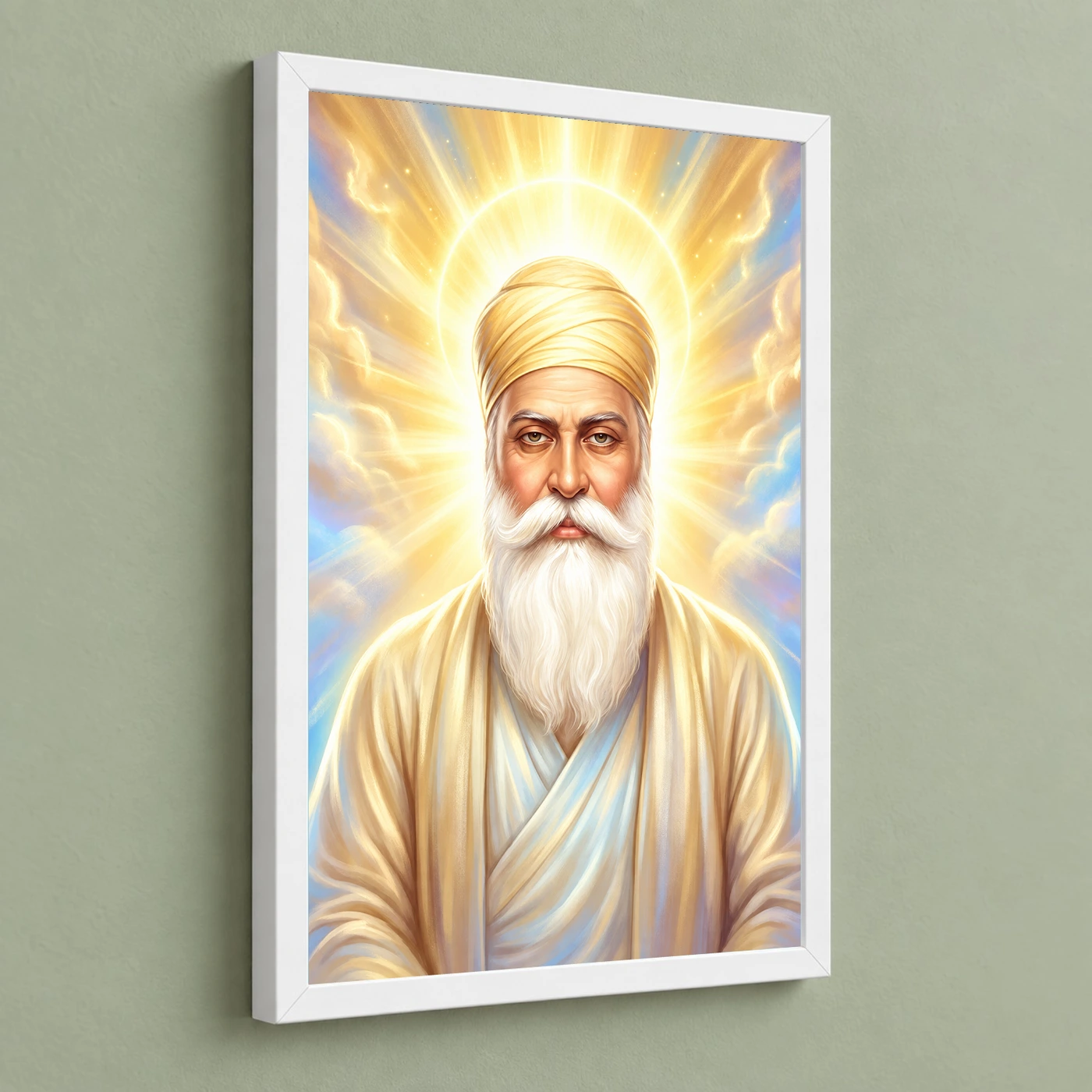 Guru Nanak Divine Light Waheguru Spiritual Aura Art Photo Frame 5 Guru Nanak Divine Light Waheguru Spiritual Aura Art Photo Frame — white frame angled wall