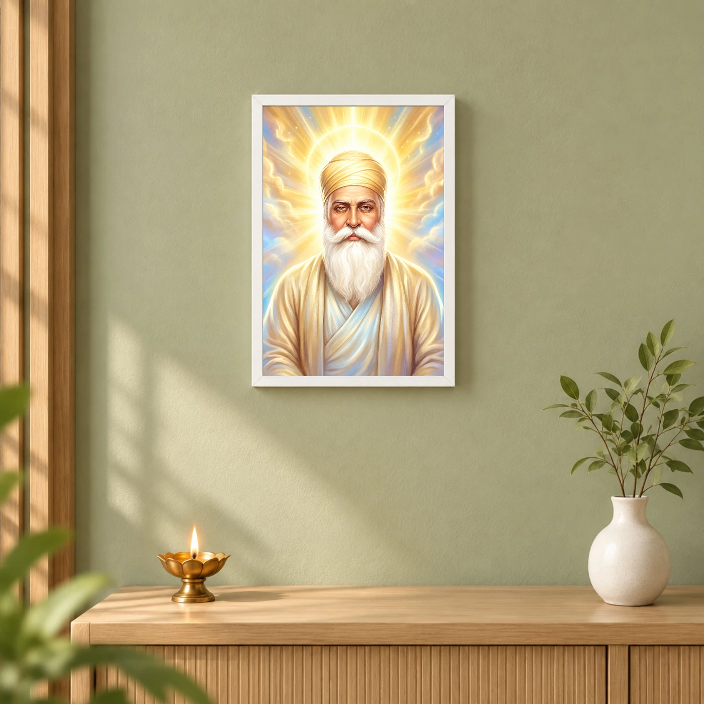 Guru Nanak Divine Light Waheguru Spiritual Aura Art Photo Frame 6 Guru Nanak Divine Light Waheguru Spiritual Aura Art Photo Frame — white frame distant wall
