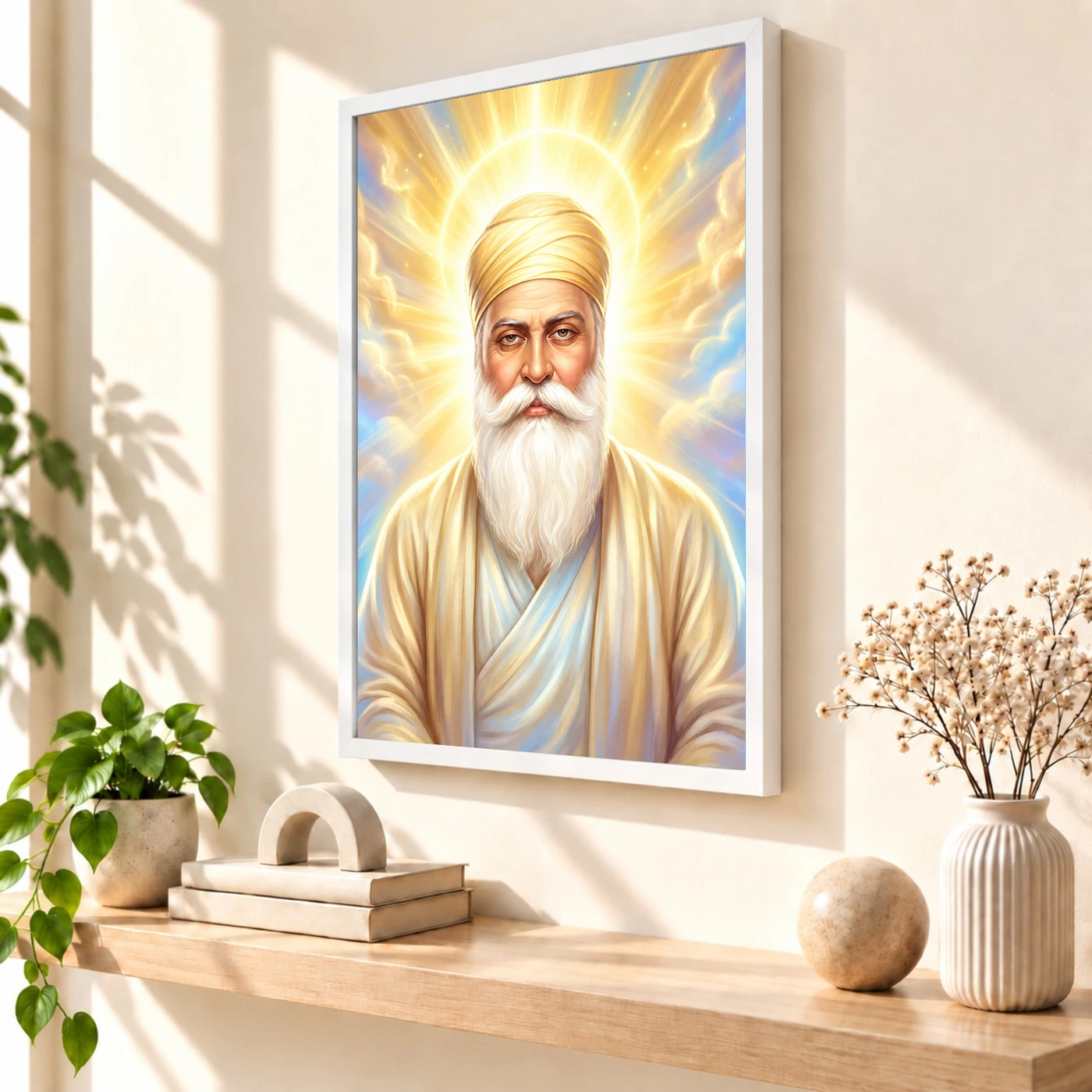 Guru Nanak Divine Light Waheguru Spiritual Aura Art Photo Frame 7 Guru Nanak Divine Light Waheguru Spiritual Aura Art Photo Frame — white frame warm console