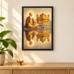 Guru Nanak Golden Temple Amritsar Divine Reflection Art Photo Frame — black frame pooja shelf