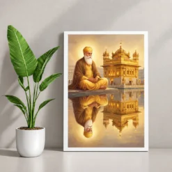 Guru Nanak Golden Temple Amritsar Divine Reflection Art Photo Frame — white frame console