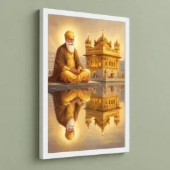 Guru Nanak Golden Temple Amritsar Divine Reflection Art Photo Frame — white frame angled wall