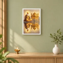Guru Nanak Golden Temple Amritsar Divine Reflection Art Photo Frame — white frame distant wall
