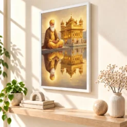 Guru Nanak Golden Temple Amritsar Divine Reflection Art Photo Frame — white frame warm console