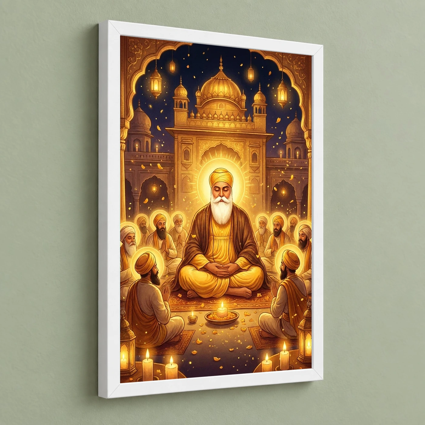 Guru Nanak Jayanti Prakash Purab Golden Festive Art Photo Frame 5 Guru Nanak Jayanti Prakash Purab Golden Festive Art Photo Frame — white frame angled wall
