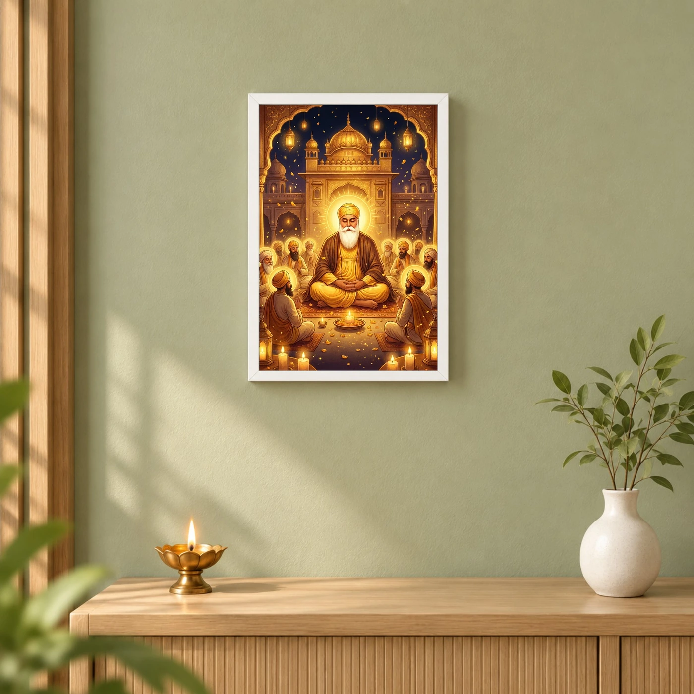 Guru Nanak Jayanti Prakash Purab Golden Festive Art Photo Frame 6 Guru Nanak Jayanti Prakash Purab Golden Festive Art Photo Frame — white frame distant wall