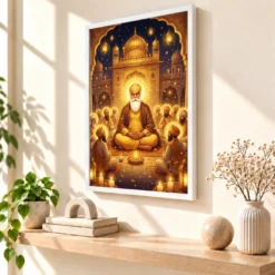 Guru Nanak Jayanti Prakash Purab Golden Festive Art Photo Frame 15 Guru Nanak Jayanti Prakash Purab Golden Festive Art Photo Frame — white frame warm console