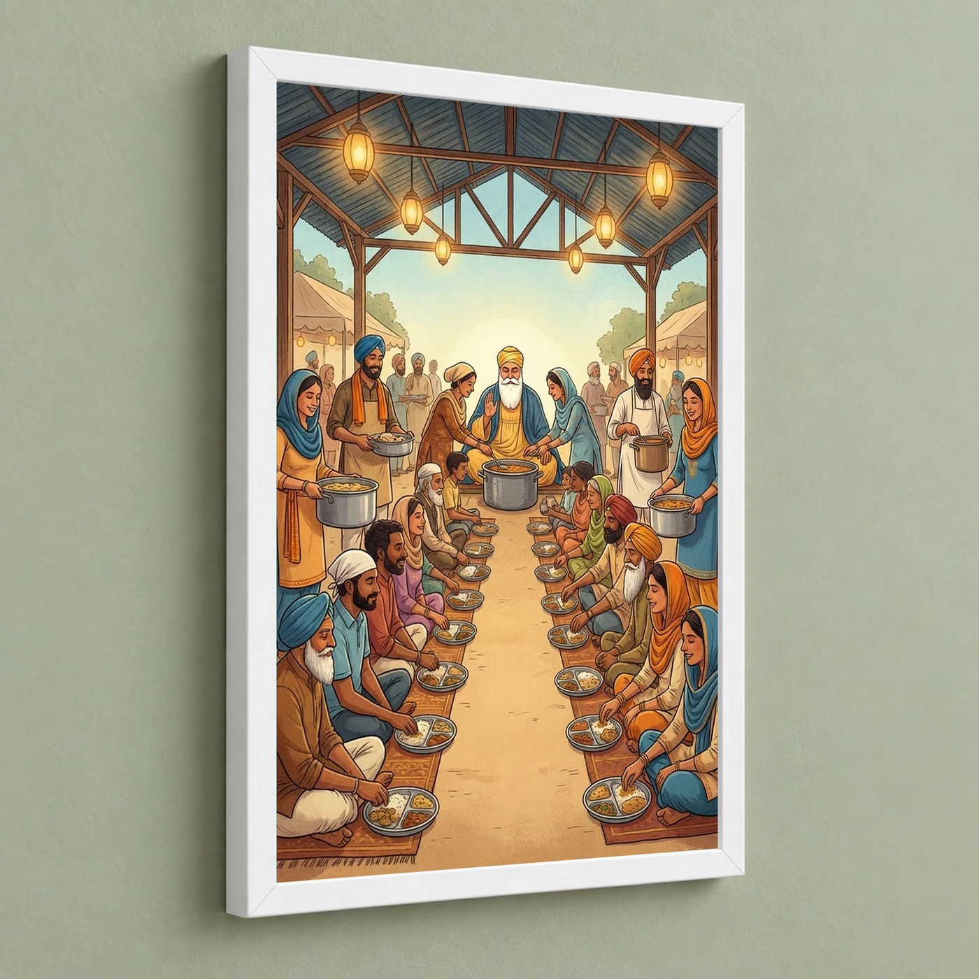 Guru Nanak Langar Community Meal Equality Seva Spiritual Art Photo Frame 5 Guru Nanak Langar Community Meal Equality Seva Spiritual Art Photo Frame — white frame angled wall