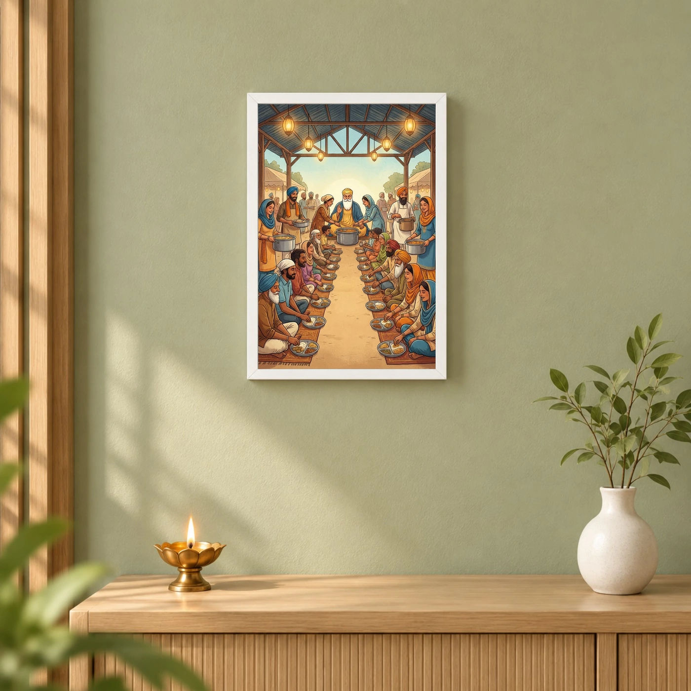 Guru Nanak Langar Community Meal Equality Seva Spiritual Art Photo Frame 6 Guru Nanak Langar Community Meal Equality Seva Spiritual Art Photo Frame — white frame distant wall