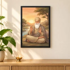 Guru Nanak Sunrise Blessing Orange Peaceful Divine Art Photo Frame — black frame pooja shelf