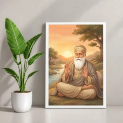 Guru Nanak Sunrise Blessing Orange Peaceful Divine Art Photo Frame — white frame console