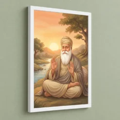 Guru Nanak Sunrise Blessing Orange Peaceful Divine Art Photo Frame — white frame angled wall