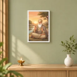 Guru Nanak Sunrise Blessing Orange Peaceful Divine Art Photo Frame — white frame distant wall