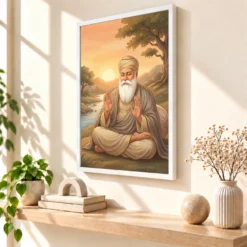 Guru Nanak Sunrise Blessing Orange Peaceful Divine Art Photo Frame — white frame warm console