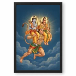 Hanuman Carrying Ram Laxman Flying Blue Sky Devotional Art Photo Frame — black frame clean