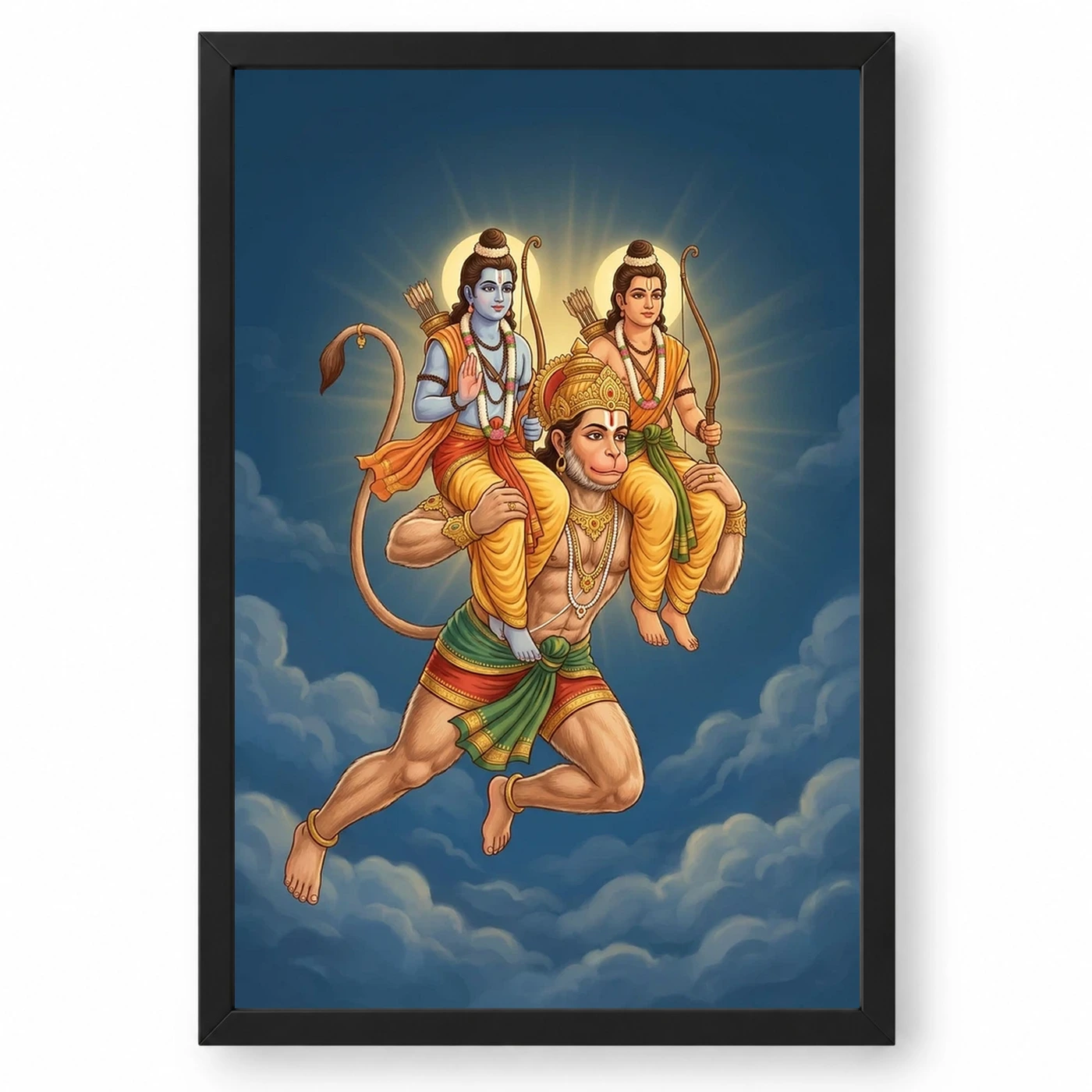 Hanuman Carrying Ram Laxman Flying Blue Sky Devotional Art Photo Frame 1 Hanuman Carrying Ram Laxman Flying Blue Sky Devotional Art Photo Frame — black frame clean
