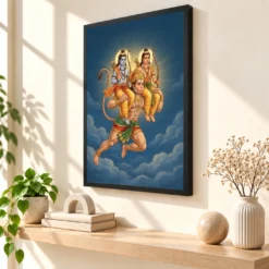 Hanuman Carrying Ram Laxman Flying Blue Sky Devotional Art Photo Frame — black frame console