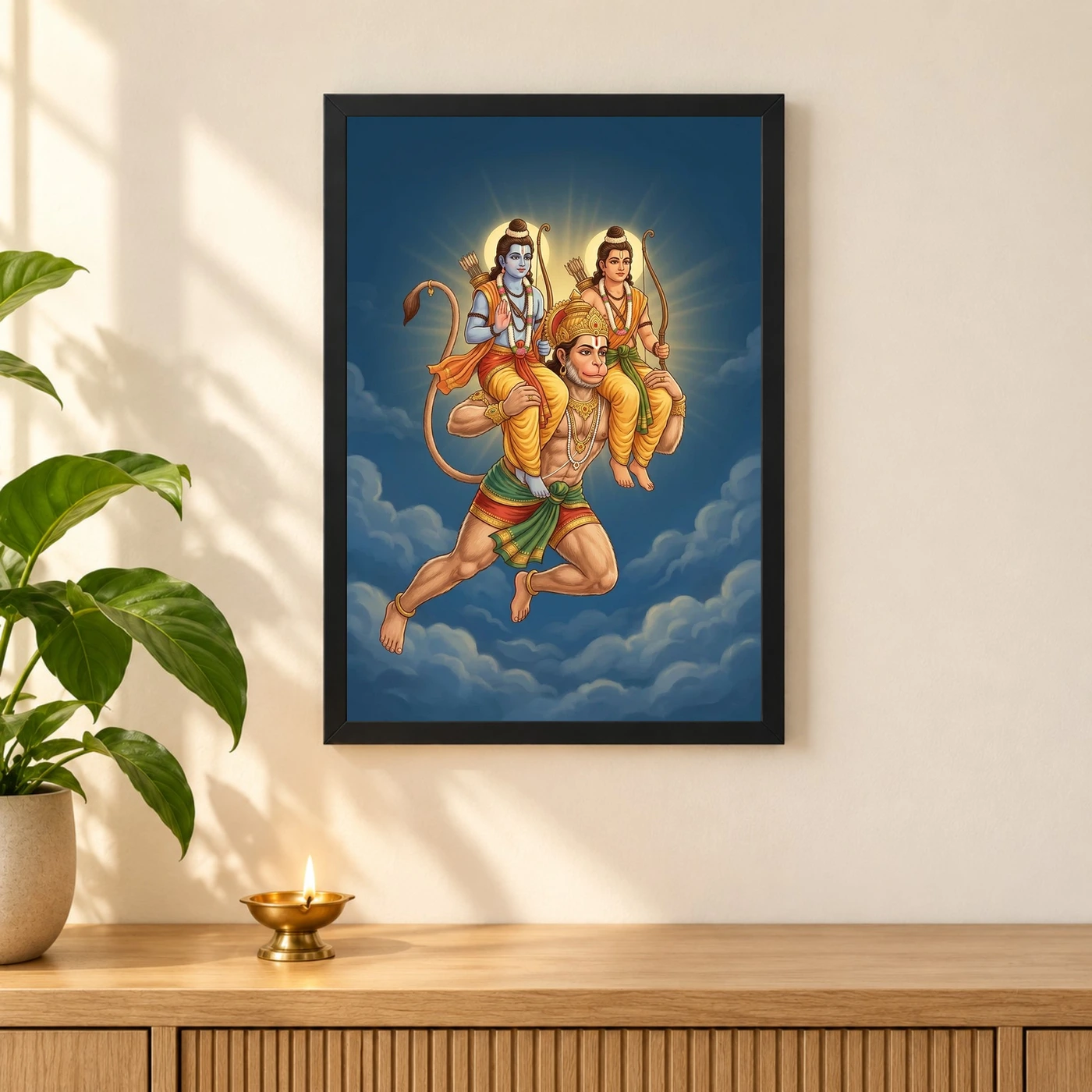 Hanuman Carrying Ram Laxman Flying Blue Sky Devotional Art Photo Frame 3 Hanuman Carrying Ram Laxman Flying Blue Sky Devotional Art Photo Frame — black frame pooja shelf
