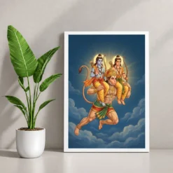 Hanuman Carrying Ram Laxman Flying Blue Sky Devotional Art Photo Frame 12 Hanuman Carrying Ram Laxman Flying Blue Sky Devotional Art Photo Frame — white frame console