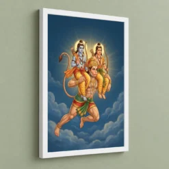 Hanuman Carrying Ram Laxman Flying Blue Sky Devotional Art Photo Frame 13 Hanuman Carrying Ram Laxman Flying Blue Sky Devotional Art Photo Frame — white frame angled wall