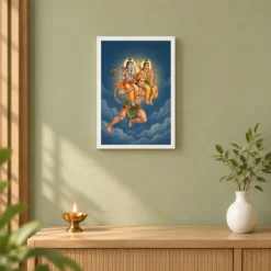 Hanuman Carrying Ram Laxman Flying Blue Sky Devotional Art Photo Frame 14 Hanuman Carrying Ram Laxman Flying Blue Sky Devotional Art Photo Frame — white frame distant wall