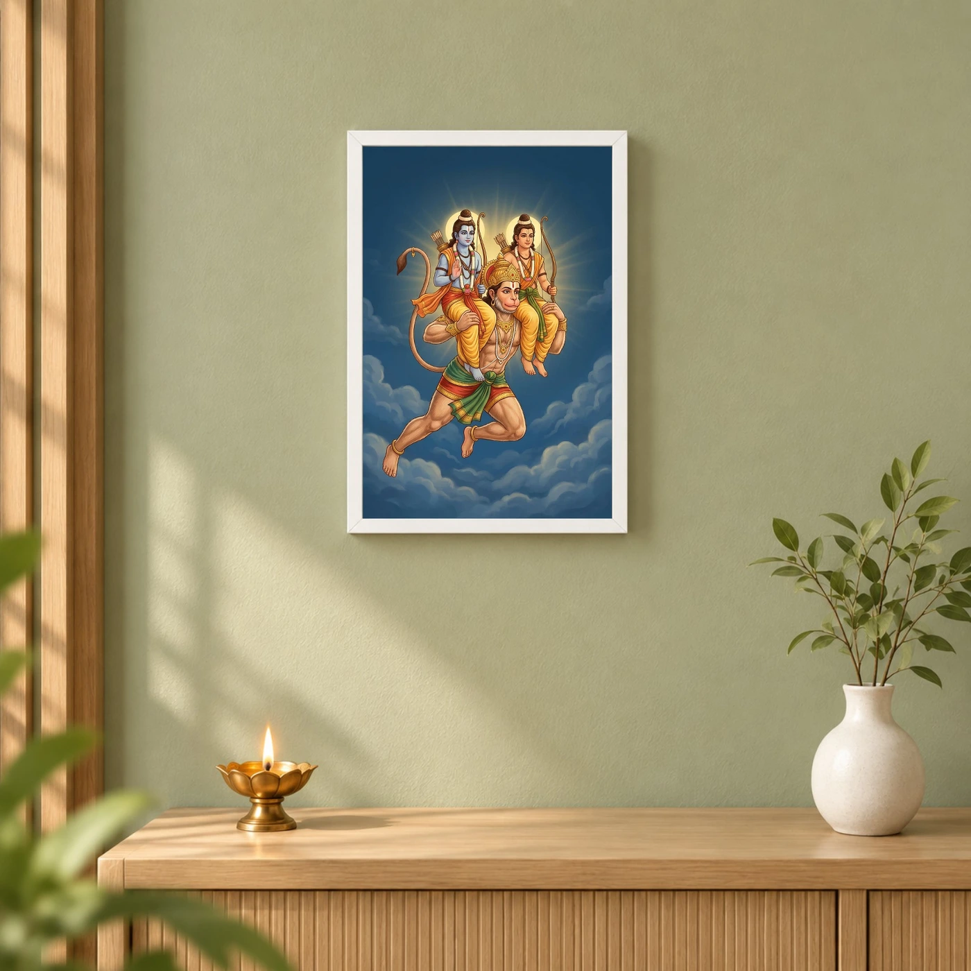 Hanuman Carrying Ram Laxman Flying Blue Sky Devotional Art Photo Frame 6 Hanuman Carrying Ram Laxman Flying Blue Sky Devotional Art Photo Frame — white frame distant wall