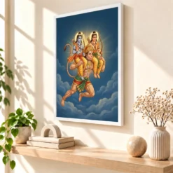 Hanuman Carrying Ram Laxman Flying Blue Sky Devotional Art Photo Frame 15 Hanuman Carrying Ram Laxman Flying Blue Sky Devotional Art Photo Frame — white frame warm console