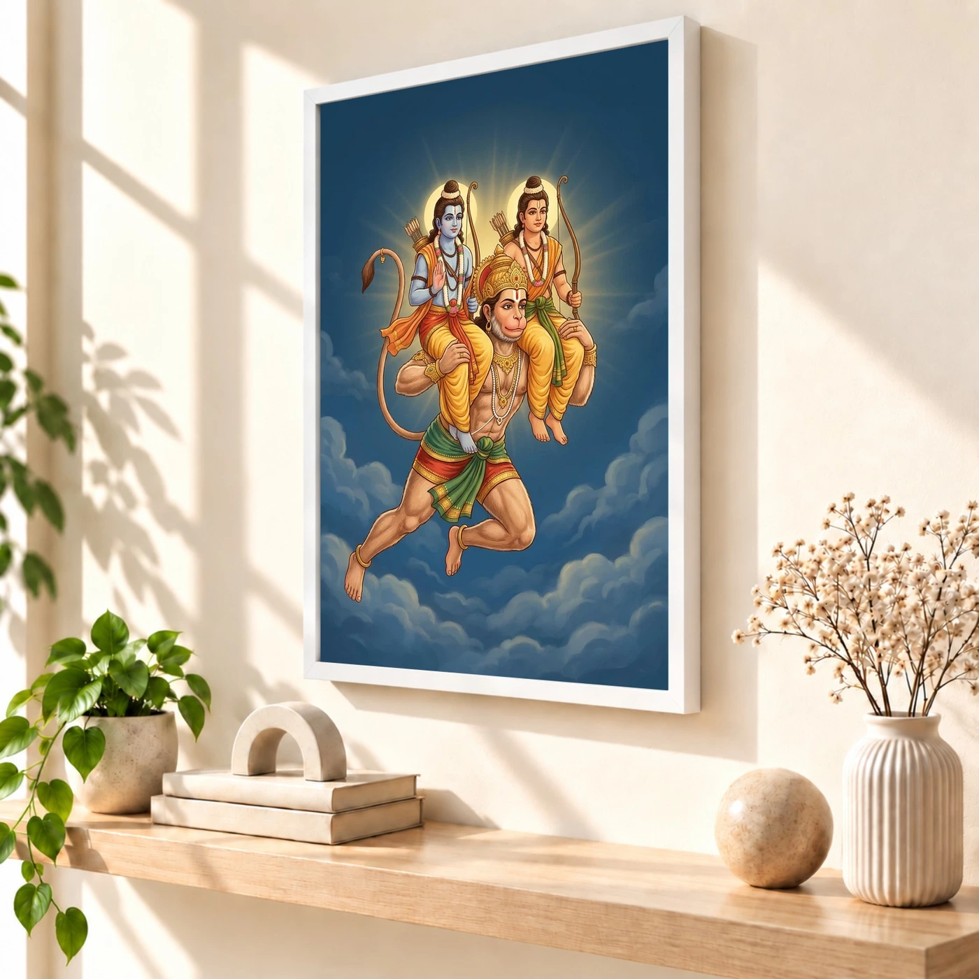 Hanuman Carrying Ram Laxman Flying Blue Sky Devotional Art Photo Frame 7 Hanuman Carrying Ram Laxman Flying Blue Sky Devotional Art Photo Frame — white frame warm console