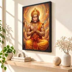 Hanuman Chalisa Inspired Devotional Saffron Gold Art Photo Frame — black frame console