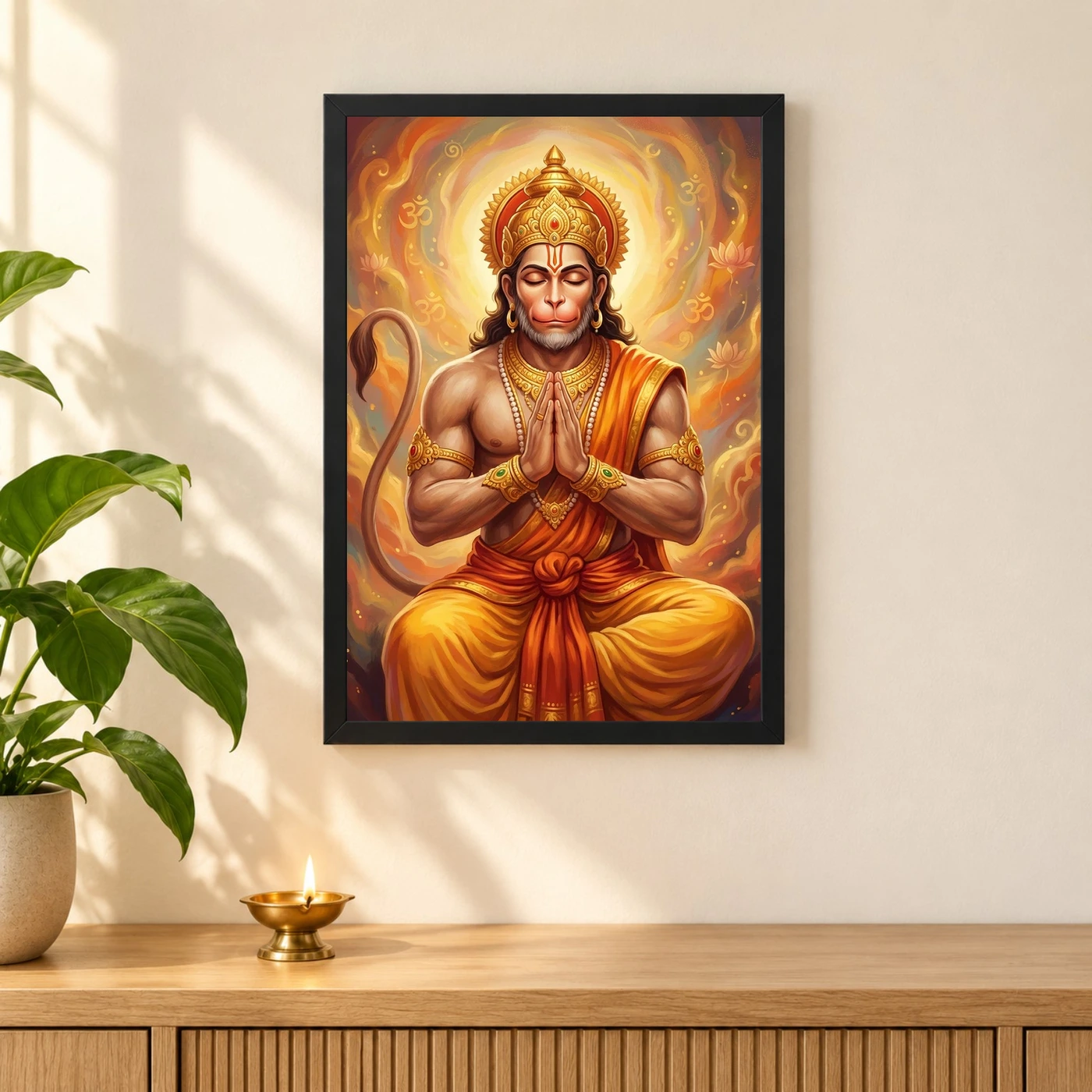 Hanuman Chalisa Inspired Devotional Saffron Gold Art Photo Frame 3 Hanuman Chalisa Inspired Devotional Saffron Gold Art Photo Frame — black frame pooja shelf