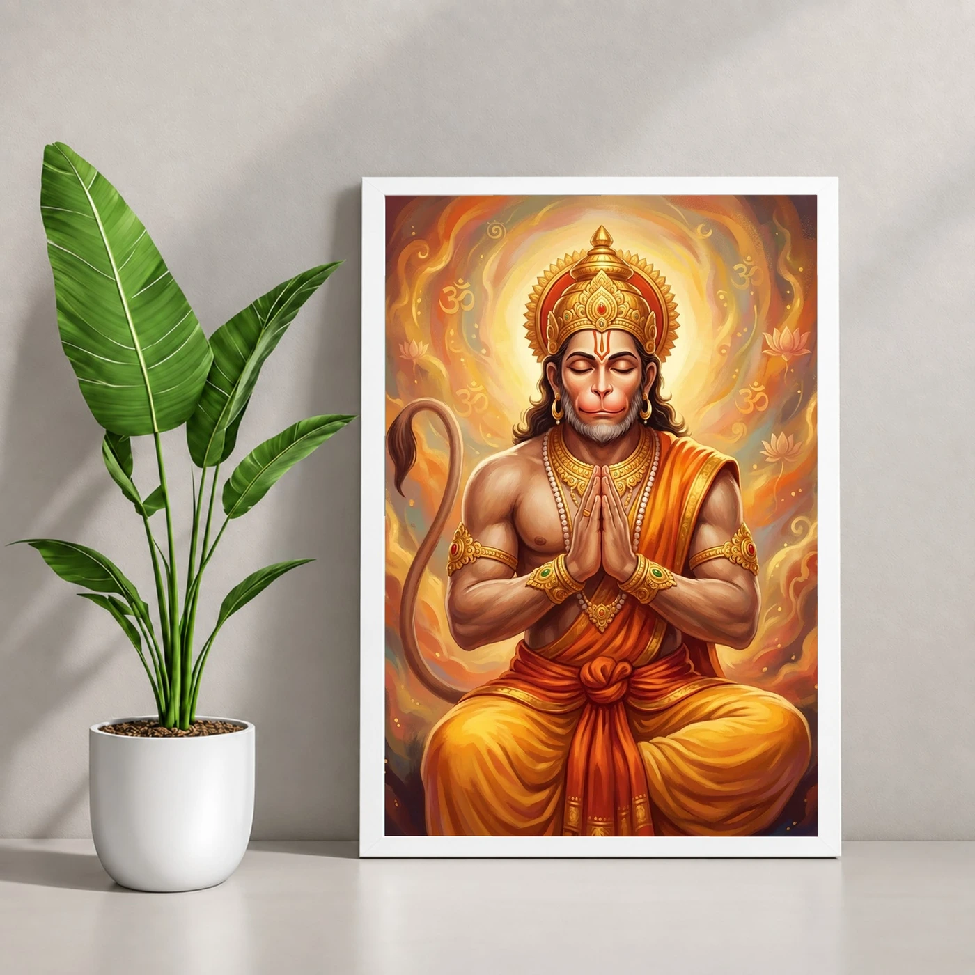 Hanuman Chalisa Inspired Devotional Saffron Gold Art Photo Frame 4 Hanuman Chalisa Inspired Devotional Saffron Gold Art Photo Frame — white frame console