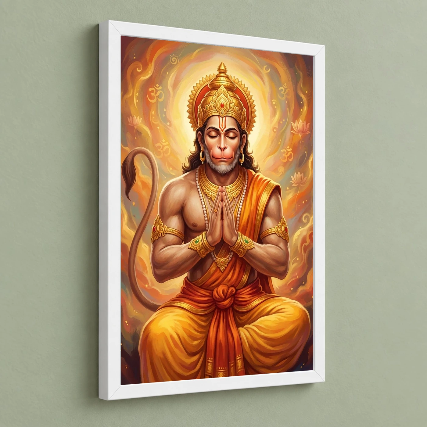 Hanuman Chalisa Inspired Devotional Saffron Gold Art Photo Frame 5 Hanuman Chalisa Inspired Devotional Saffron Gold Art Photo Frame — white frame angled wall
