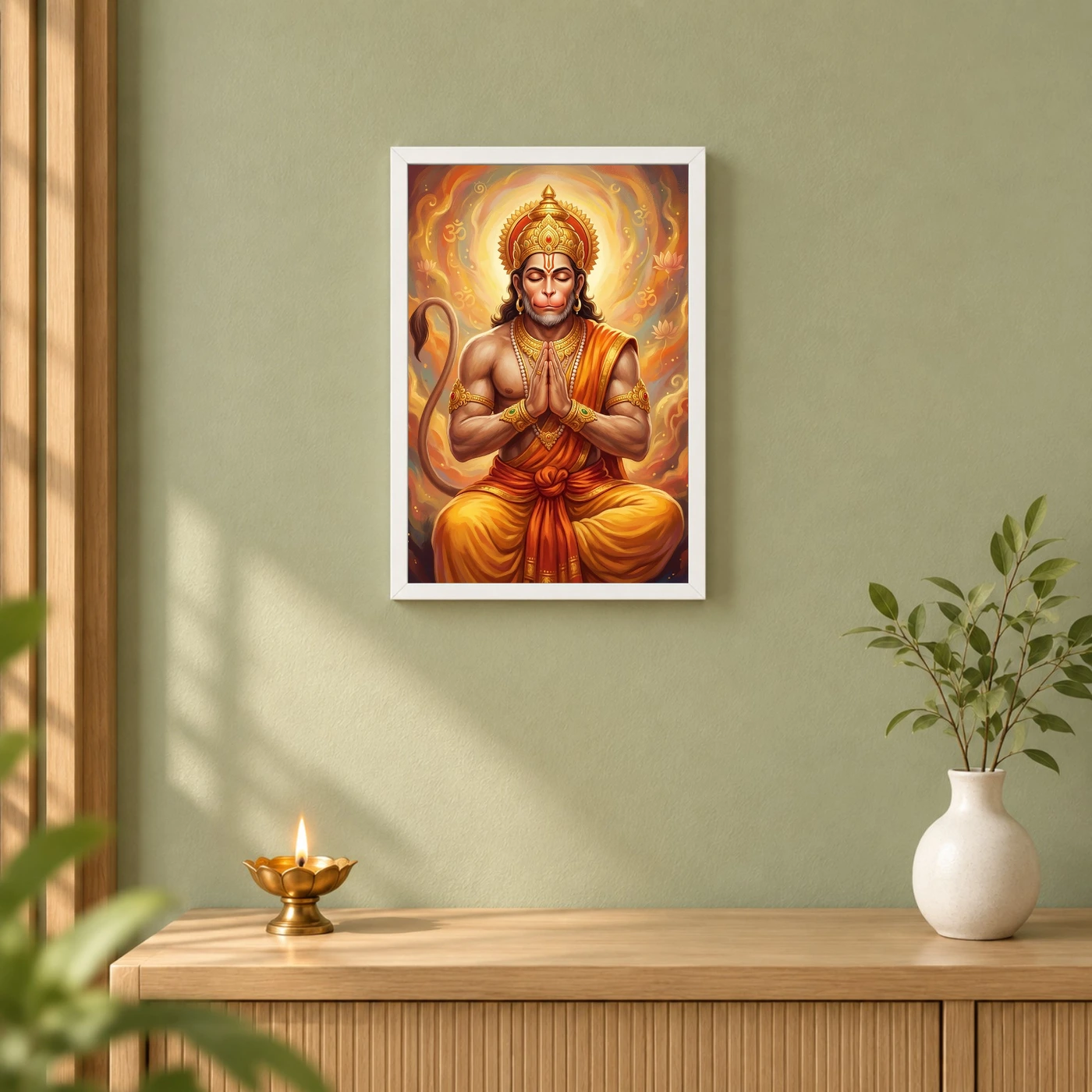 Hanuman Chalisa Inspired Devotional Saffron Gold Art Photo Frame 6 Hanuman Chalisa Inspired Devotional Saffron Gold Art Photo Frame — white frame distant wall