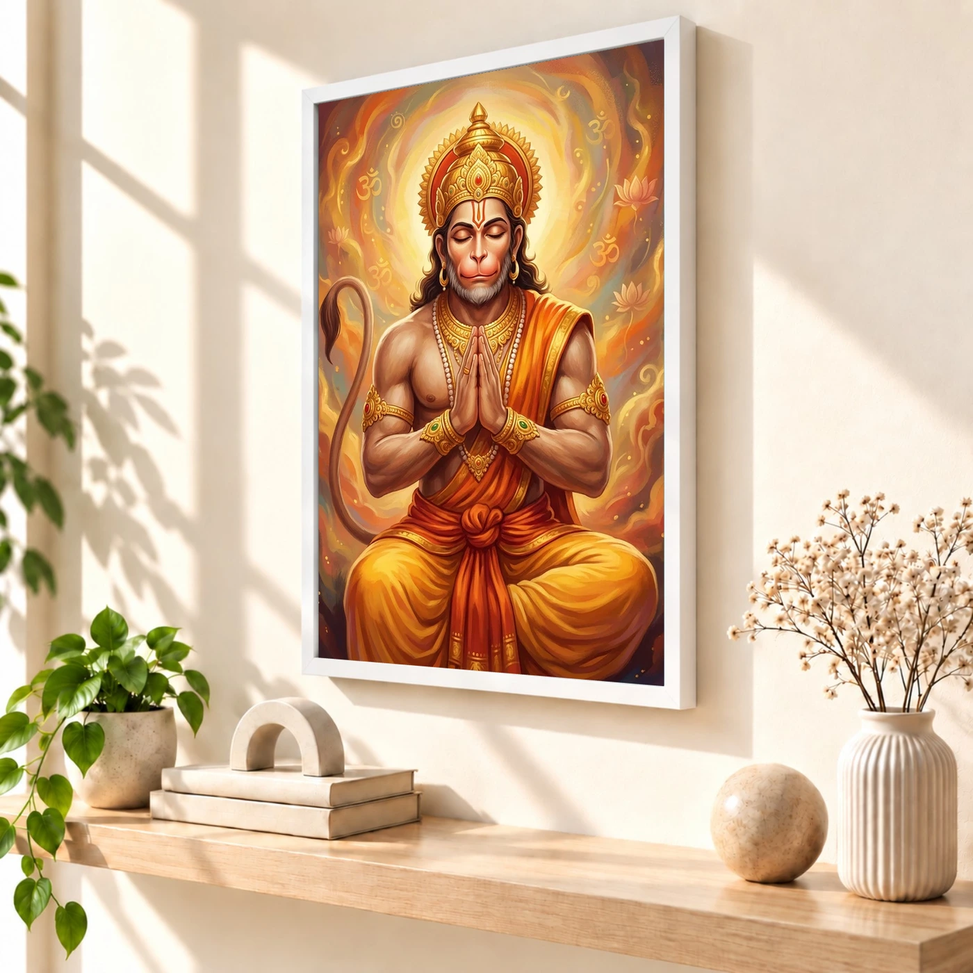 Hanuman Chalisa Inspired Devotional Saffron Gold Art Photo Frame 7 Hanuman Chalisa Inspired Devotional Saffron Gold Art Photo Frame — white frame warm console