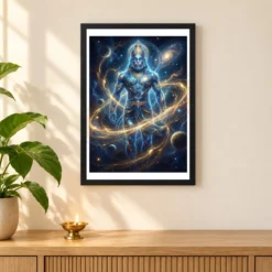 Hanuman Cosmic Galaxy Stars Divine Energy Blue Gold Art Photo Frame — black frame pooja shelf