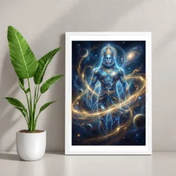 Hanuman Cosmic Galaxy Stars Divine Energy Blue Gold Art Photo Frame — white frame console