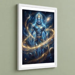 Hanuman Cosmic Galaxy Stars Divine Energy Blue Gold Art Photo Frame — white frame angled wall