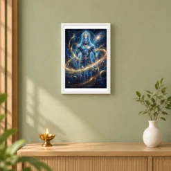 Hanuman Cosmic Galaxy Stars Divine Energy Blue Gold Art Photo Frame — white frame distant wall