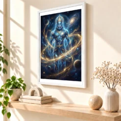 Hanuman Cosmic Galaxy Stars Divine Energy Blue Gold Art Photo Frame — white frame warm console