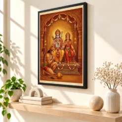 Hanuman Devotional Prayer Ram Sita Saffron Temple Art Photo Frame — black frame console