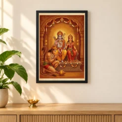 Hanuman Devotional Prayer Ram Sita Saffron Temple Art Photo Frame — black frame pooja shelf