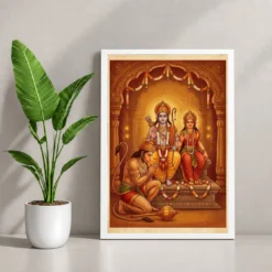 Hanuman Devotional Prayer Ram Sita Saffron Temple Art Photo Frame — white frame console