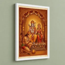 Hanuman Devotional Prayer Ram Sita Saffron Temple Art Photo Frame — white frame angled wall